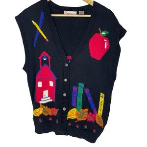 Bechamel Black V-Neck Knit Vest with Red Apple Accent vintage #61